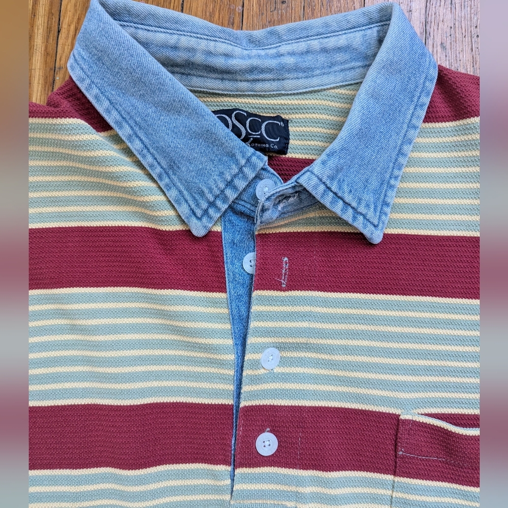 Men's 90s Vintage Oversized Green & Red Striped Rugby Shirt With Denim Collar L